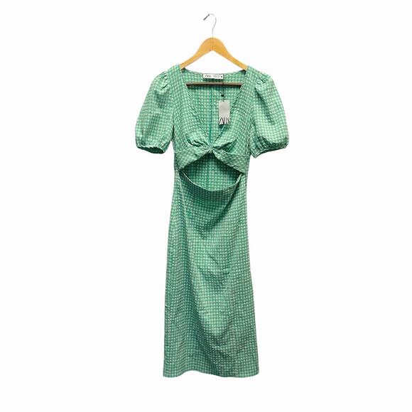 NWT Zara Gingham Cut Out Front Midi Dress in Green Women’s Size XS - Picture 5 of 10
